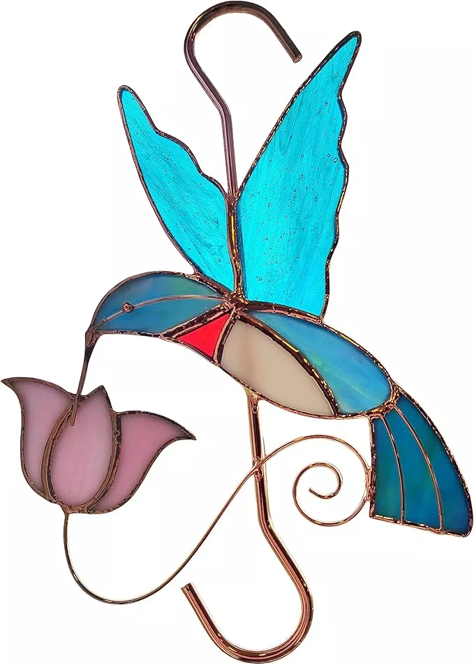 plant-hanger-hook-hummingbird-with-pink-flower-stained-glass-sun-catcher-plant-h Plant Hanger Hook - Hummingbird with Pink Flower - Stained Glass Sun Catcher Plant Hook for Indoor and Outdoor Use - Copper S Hooks Top and Bottom