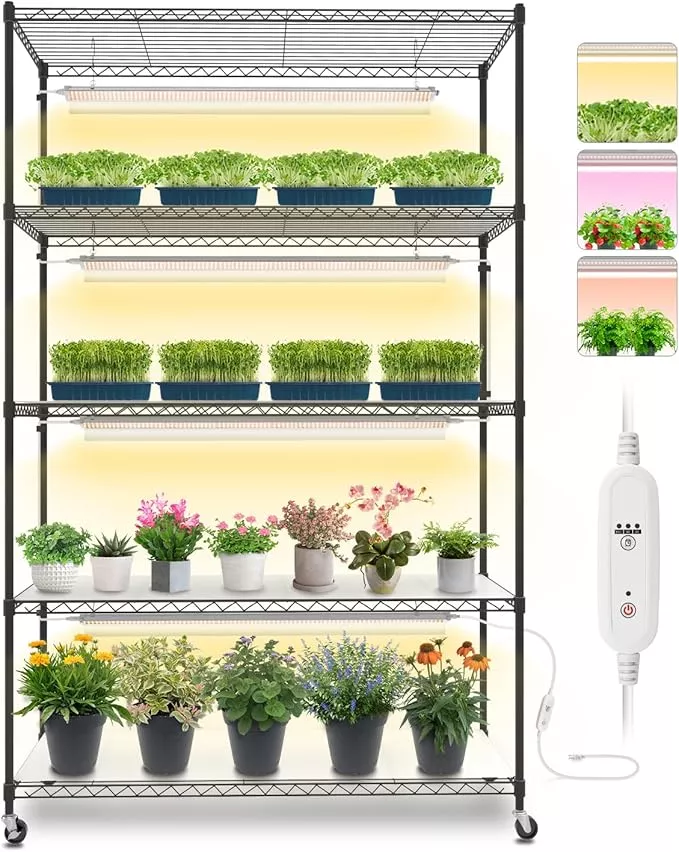 plant-shelf-with-grow-lights-5-tier-large-tall-plant-stand-with-3ft-t5-144w-grow Plant Shelf with Grow Lights, 5 Tier Large Tall Plant Stand with 3FT T5 144w Grow Light for Indoor Plants, 3 Mode Full Spectrum LED Plant Light with wheel and Timer for Seedling, 47.2x17.8x71IN