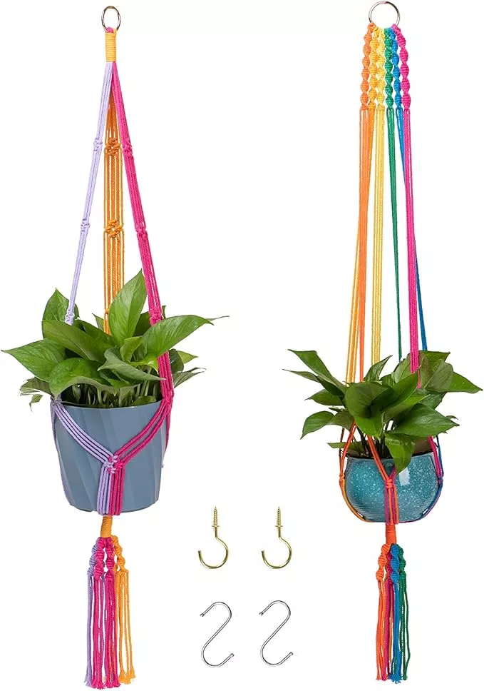 rainbow-colorful-macrame-plant-hanger-with-4-hooks-hanging-plant-holder-indoor-o Rainbow Colorful Macrame Plant Hanger with 4 Hooks, Hanging Plant Holder Indoor Outdoor, Handmade Cotton Rope for Boho Room Decor Hanging Ceiling Decor,2 Pack