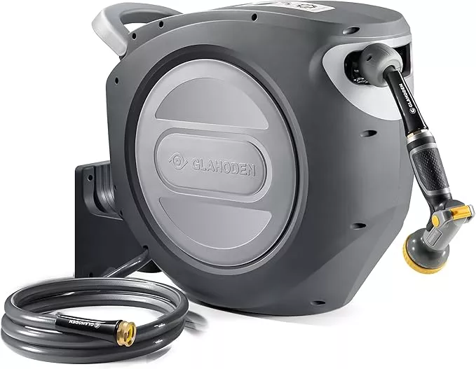 retractable-garden-hose-reel-1-2-in-x-100-ft-upgraded-uv-resistant-heavy-duty-au Retractable Garden Hose Reel 1/2 in x 100 ft Upgraded UV Resistant Heavy Duty Automatic Hose Reel Wall Mount 3/4 in Brass Fitting 9 Pattern Nozzle Any Length Lock Slow Retraction 180° Swivel