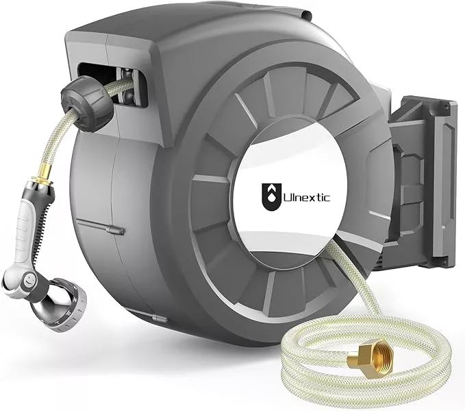 retractable-garden-hose-reel-1-2-in-x-125-ft-wall-mounted-hose-reel-10-pattern-s Retractable Garden Hose Reel, 1/2 in x 125 ft Wall Mounted Hose Reel, 10-Pattern Spray Nozzle, Any Length Lock/Slow Return System/Wall Mounted/180°Swivel Bracket