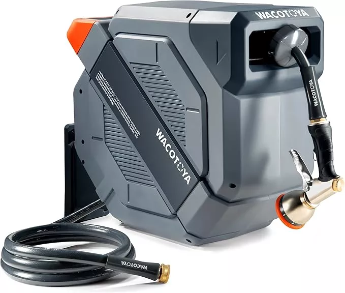 retractable-garden-hose-reel-1-2-in-x-130-ft-professional-metal-bracket-9-patter Retractable Garden Hose Reel 1/2 in x 130 ft Professional Metal Bracket & 9-Pattern Metal Nozzle UV Resistant Brass Fitting Heavy Duty Wall Mount Any Length Lock Slow Retraction 180° Swivel