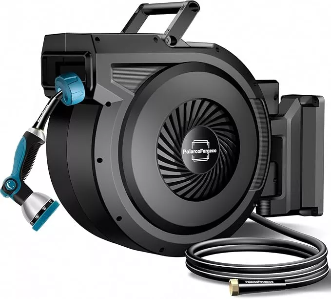 retractable-garden-hose-reel-5-8-inch-x-70-ft-wall-mounted-hose-reel-with-10-pat Retractable Garden Hose Reel - 5/8 inch x 70 ft Wall Mounted Hose Reel with 10 Pattern Nozzle & Any Length Lock, Heavy Duty Water Hose Supports Automatic Rewind & 180° Swivel, Black