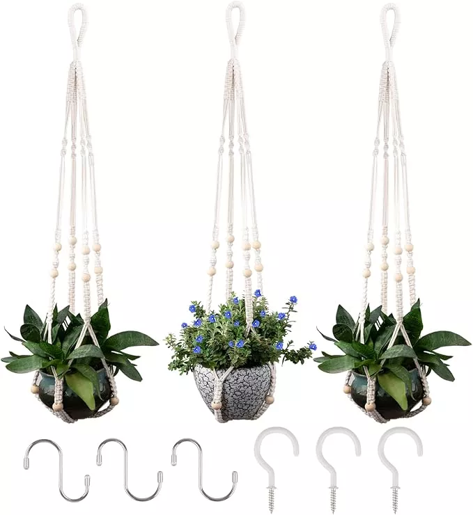 rifny-macrame-plant-hanger-5-to-10-inch-plant-pots-35-inch-indoor-handmade-woven RIFNY Macrame Plant Hanger for 5 to 10 Inch Plant Pots, 35 Inch Indoor Handmade Woven Rope Hanger Kits with Hooks and Wood Beads, Hanging Planter Basket Holder for Boho Home Decor (Grey, 3 Pack)