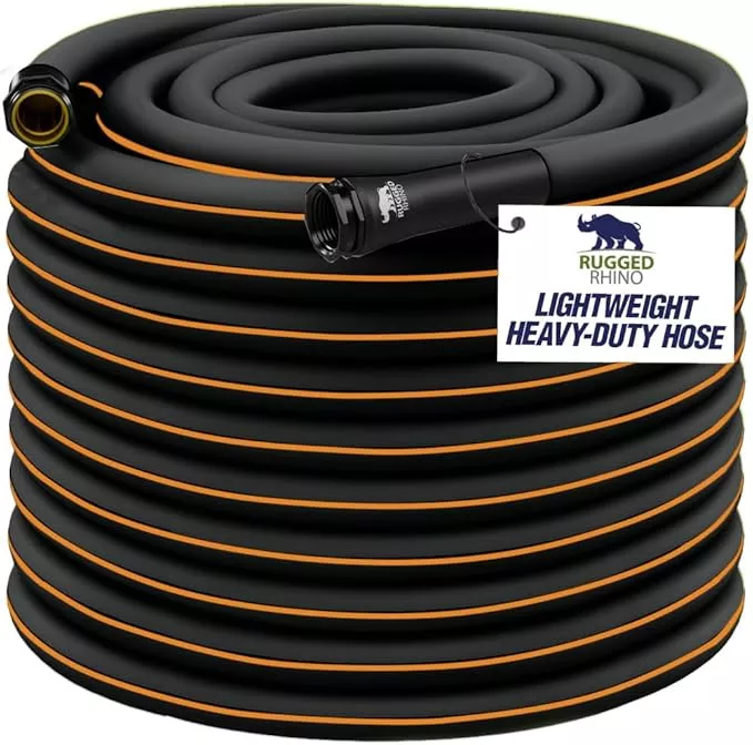 rugged-rhino-heavy-duty-flexible-light-weight-garden-hose-25ft-x-5-8in-4-layer-l Rugged Rhino Heavy Duty Flexible Light Weight Garden Hose, 25ft x 5/8in, 4 Layer Leakproof Outdoor Gardening Tools, Watering Supplies, Powerful Water Pressure for Lawn, Flowers, Green Black