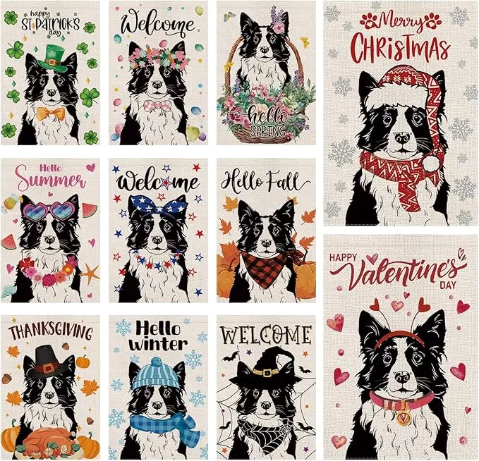seasonal-garden-flags-border-collie-double-sided-flags-set-11-holiday-farmhouse- Seasonal Garden Flags Border Collie Double Sided Flags Set of 11 Holiday Farmhouse Indoor Outdoor Yard Lawn Christmas Gifts Decorations 12.5x18 Inch