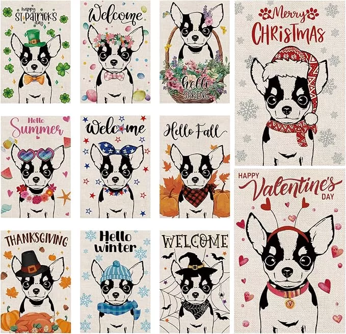 seasonal-garden-flags-chihuahua-double-sided-flags-set-11-holiday-farmhouse-indo Seasonal Garden Flags Chihuahua Double Sided Flags Set of 11 Holiday Farmhouse Indoor Outdoor Yard Lawn Christmas Gifts Decorations 12.5x18 Inch