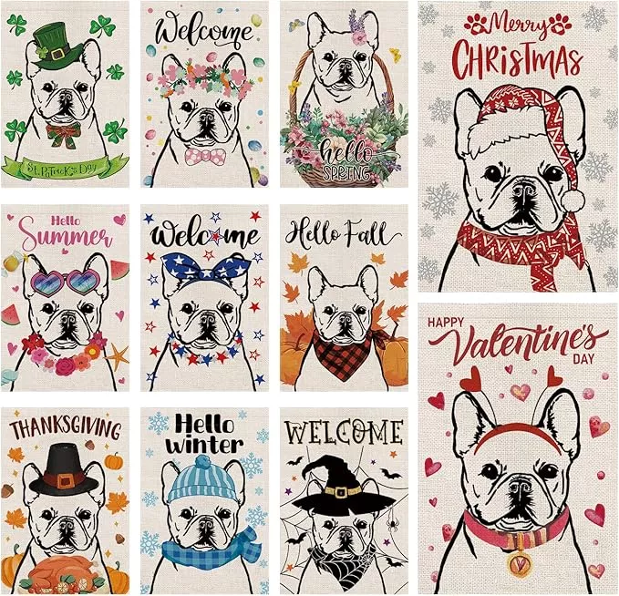 seasonal-garden-flags-french-bulldog-dog-double-sided-flags-set-11-holiday-farmh Seasonal Garden Flags French Bulldog Dog Double Sided Flags Set of 11 Holiday Farmhouse Indoor Outdoor Yard Lawn Decorations 12.5x18 Inch