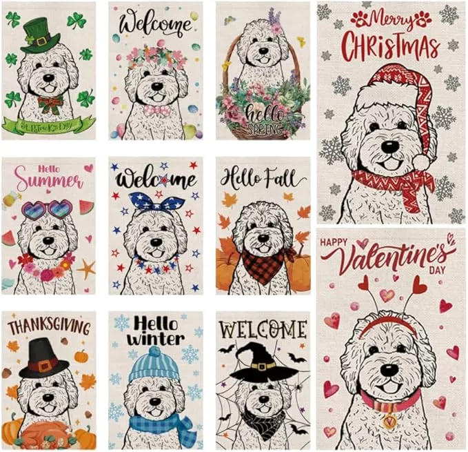 seasonal-garden-flags-golden-doodle-double-sided-flags-set-11-holiday-farmhouse- Seasonal Garden Flags Golden Doodle Double Sided Flags Set of 11 Holiday Farmhouse Indoor Outdoor Yard Lawn Christmas Gifts Decorations 12.5x18 Inch