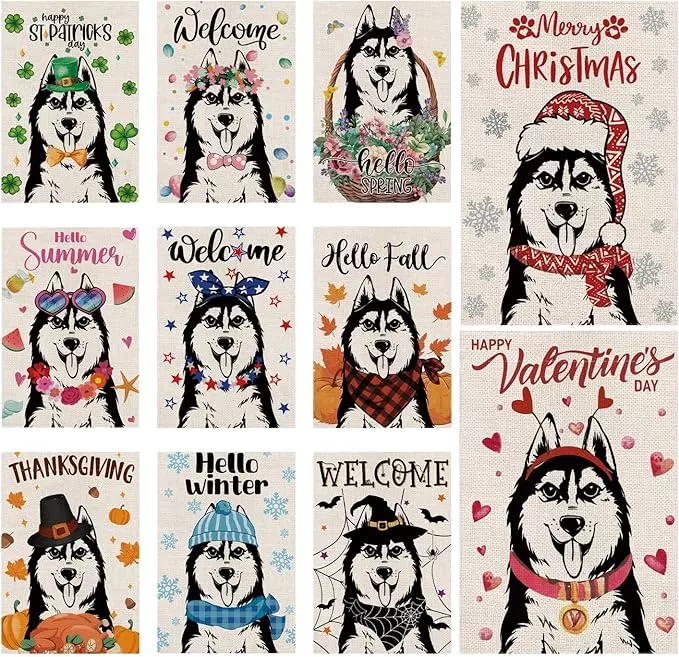 seasonal-garden-flags-husky-double-sided-flags-set-11-holiday-farmhouse-indoor-o Seasonal Garden Flags Husky Double Sided Flags Set of 11 Holiday Farmhouse Indoor Outdoor Yard Lawn Christmas Gifts Decorations 12.5x18 Inch