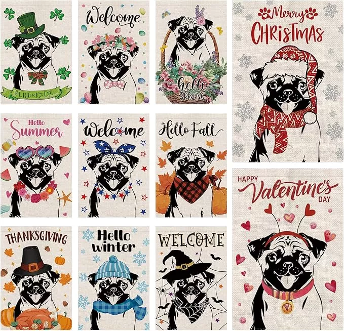 seasonal-garden-flags-pug-dog-double-sided-flags-set-11-holiday-farmhouse-indoor Seasonal Garden Flags Pug Dog Double Sided Flags Set of 11 Holiday Farmhouse Indoor Outdoor Yard Lawn Christmas Gifts Decorations 12.5x18 Inch
