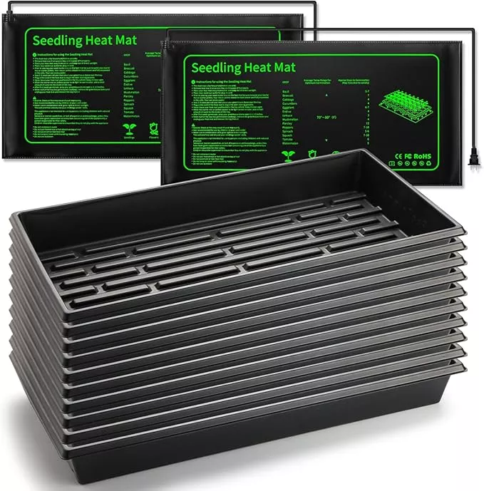 seed-starter-kit-10-pack-1020-seed-trays-with-2-seedling-heat-mats-plants-10-x20 Seed Starter Kit - 10 Pack 1020 Seed Trays with 2 Seedling Heat Mats for Plants (10"x20.5"), Complete Seed Germination Kit for Indoor Gardening, Greenhouse Accessories