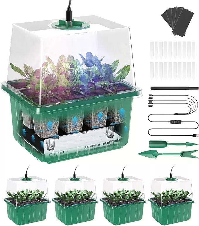 Seed Starter Tray, 60-Cells Seedling Starter Trays with Grow Light, Self-Watering Seed Germination Kit for Indoor Gardening Seed Starting (5 Pack, Clear Base)