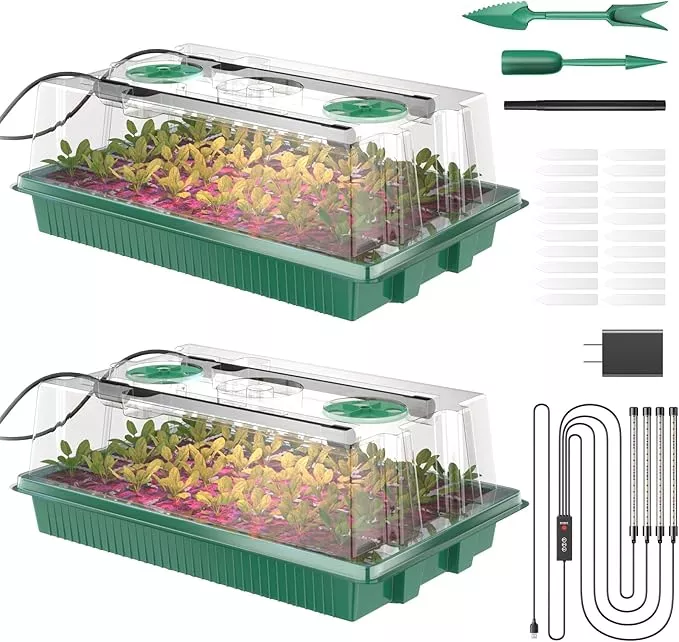 seed-starter-tray-80-cells-seedling-starter-trays-with-grow-light-humidity-dome- Seed Starter Tray, 80-Cells Seedling Starter Trays with Grow Light and Humidity Dome, Reusable Seed Germination Kit for Indoor Gardening Seed Starting (2 Pack, Green Base)