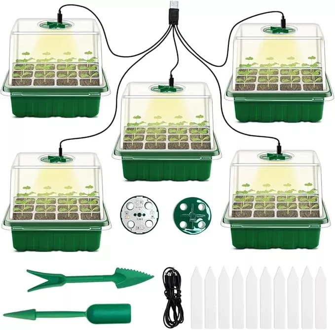 seed-starter-tray-with-grow-light-5-packs-plant-starter-tray-seedling-starter-ki Seed Starter Tray with Grow Light, 5 Packs Plant Starter Tray Seedling Starter Kit with Humidity Domes Base Indoor Greenhouse Mini Propagator Station for Seeds Growing Starting (12 Cells per Tray)