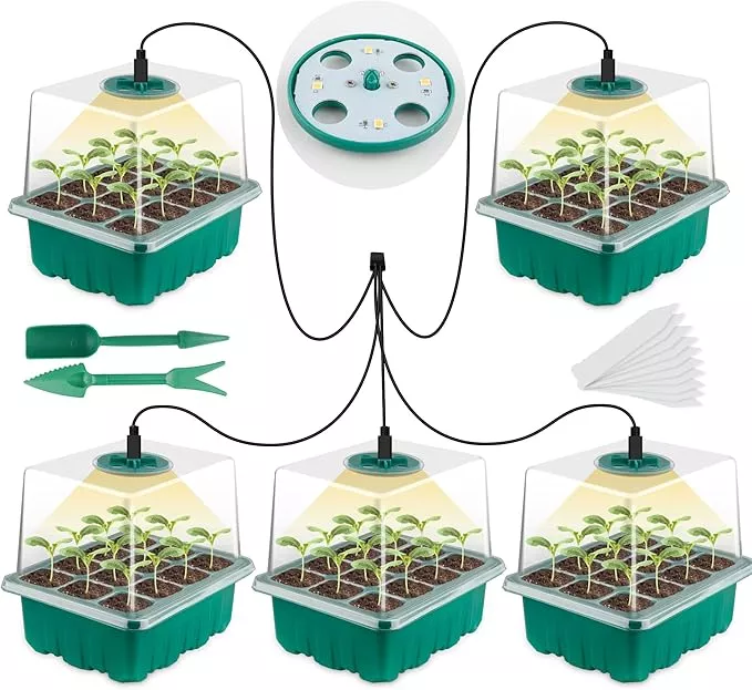 Seed Starter Tray with Grow Light, Seed Starter Kit, Plant Germination Starting Trays with Humidity Dome and Base for Greenhouse Grow Wheatgrass Hydroponic(12 Cells per Tray)(with Grow Lights)
