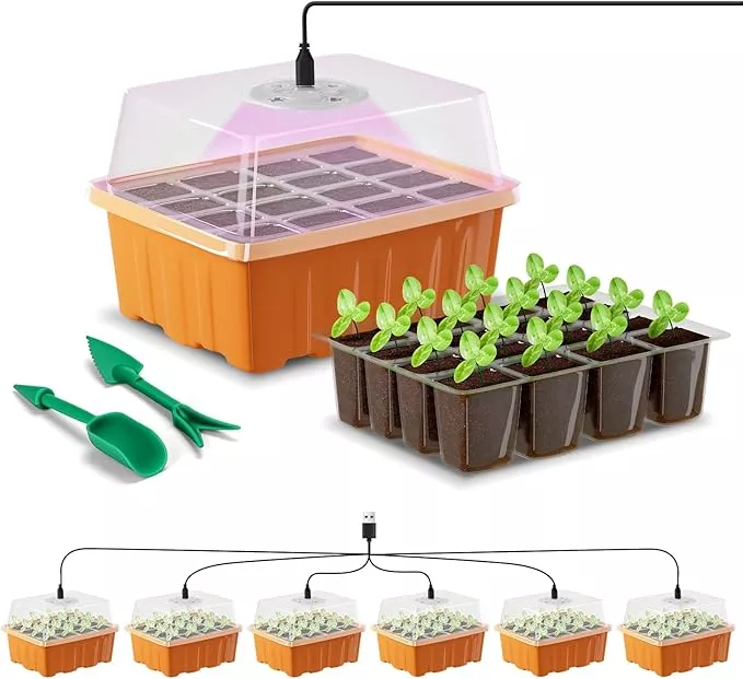 seed-starter-tray-with-led-light-6-pack-72-cells-plant-grow-kit-with-adjustable- Seed Starter Tray with LED Light, 6 Pack 72 Cells Plant Grow Kit with Adjustable Humidity Vent for Mini Greenhouse Garden Germination,Bonsai Seedlings Starting Growing