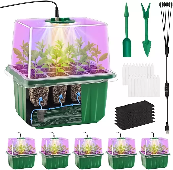self-watering-seed-starter-tray-with-timed-grow-light-6-packs-plant-starter-tray Self-Watering Seed Starter Tray with Timed Grow Light, 6 Packs Plant Starter Tray Seedling Starter Kit with Humidity Domes Base Indoor Mini Greenhouse for Gardening Seeds Growing Starting