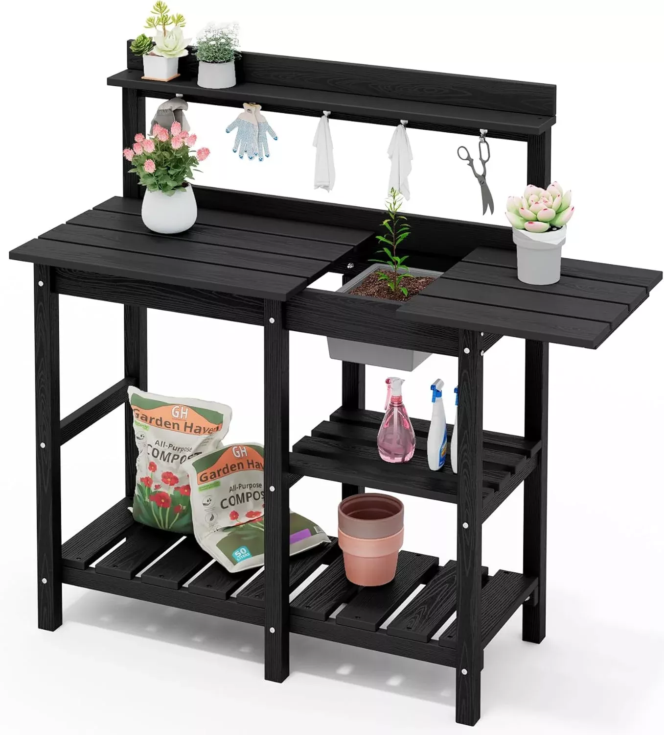 serwall-outdoor-potting-bench-potting-table-with-sink-hdpe-potting-benches-with- SERWALL Outdoor Potting Bench Potting Table with Sink, HDPE Potting Benches with Storage for Outside Gardening Table All Weather Use- Black