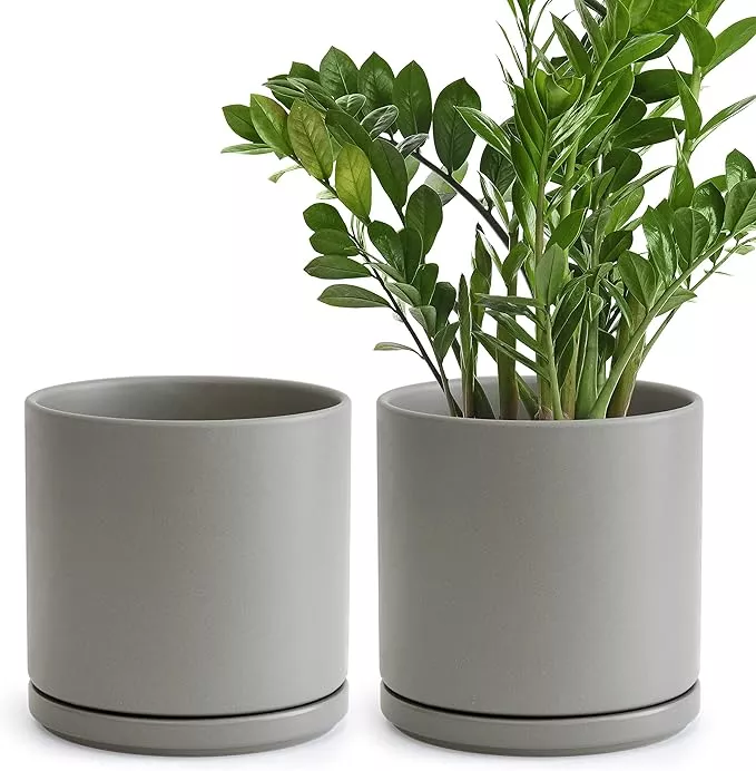 set-2-plants-pots-8-inch-ceramic-planter-pot-plants-with-drainage-hole-saucer-sp Set of 2 Plants Pots, 8 Inch Ceramic Planter Pot for Plants with Drainage Hole and Saucer, Speckled Grey, 94-V-D-3
