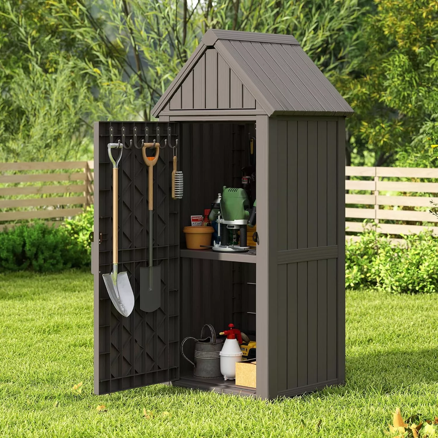 Shed Outdoor Storage Shed with Sloping Roof and Lockable Door, Resin Outdoor Storage Box Cabinet Waterproof and Multiple Hooks for Backyard, Patio, Poolside, Black