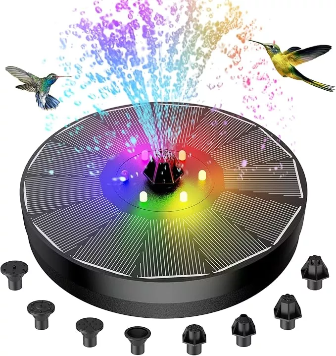 solar-fountain-powered-water-4w-pump-bird-bath-with-led-lights-7-nozzle-fixer-hu Solar Fountain, Powered Water 4W Pump for Bird Bath with LED Lights, 7 Nozzle and Fixer Hummingbird Garden, Pond, Pool, Fish Tank, , Black