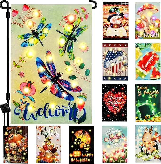 solar-seasonal-garden-flags-set-12-lighted-12-18-double-sided-yard-flags-outside Solar Seasonal Garden Flags Set of 12, Lighted 12×18 Double-Sided Yard Flags for Outside Halloween Christmas Fall Thanksgiving Day Decorations Welcome Flag Outdoor Holiday Decor