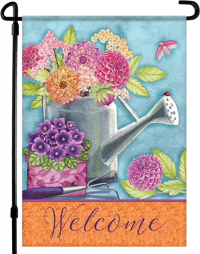 spring-garden-flags-12-5x18-double-sided-floral-watering-can-flag-printed-in-pre Spring Garden Flags 12.5x18 Double Sided - Floral Watering Can Flag Printed in Premium Polyester - Seasonal House Welcome Banner for Outdoor, Yard, Lawn, Deck, and Patio - Suits Most Holder