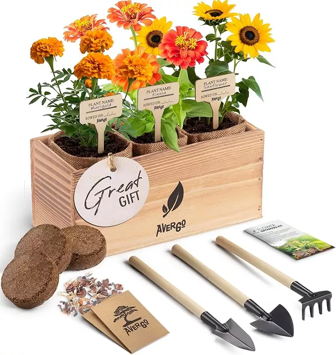 sunflower-marigold-zinnia-flower-seeds-growing-kit-complete-indoor-outdoor-kit-w Sunflower, Marigold & Zinnia Flower Seeds Growing Kit – Complete Indoor & Outdoor Kit with Seeds for Planting, Planters, Soil, Tools, Instructions – Ideal for Gift Giving