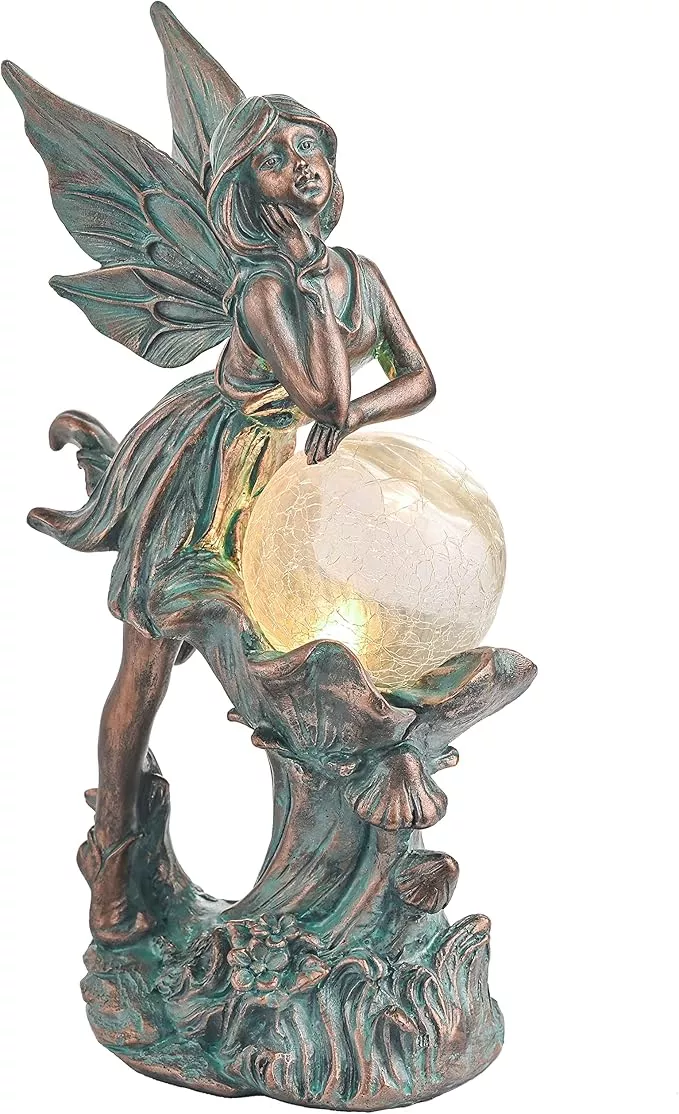 teresa-s-collections-fairy-garden-statues-outdoor-solar-light-outdoor-decor-pati TERESA'S COLLECTIONS Fairy Garden Statues Outdoor Solar Light for Outdoor Decor, Patina Bronze Fairy Resin Garden Decor Sculptures with Crackle Glass, Lawn Ornaments Yard Decor Gifts for Mom, 12.4"