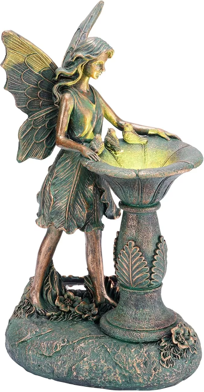 teresa-s-collections-fairy-garden-statues-with-solar-outdoor-light-outdoor-decor TERESA'S COLLECTIONS Fairy Garden Statues with Solar Outdoor Light for Outdoor Decor, Fairy Valentines Decorations Garden Decor Resin Sculptures with Crackle Glass Globe,Gifts for Mom Yard Decor,11.8"