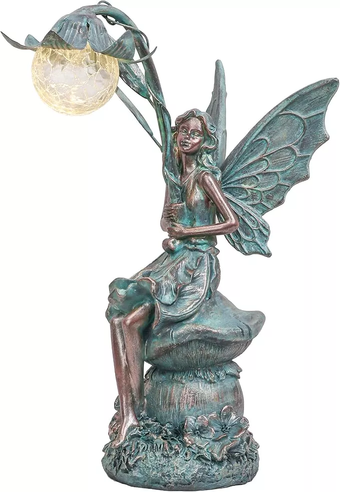 teresa-s-collections-garden-statues-fairy-sculptures-statues-outdoor-solar-light TERESA'S COLLECTIONS Garden Statues Fairy Sculptures & Statues, Outdoor Solar Light Garden Decor Resin Patina Bronze Figurines for Outdoor Decor, Valentines Decorations Gifts for Women Mom, 13.8''