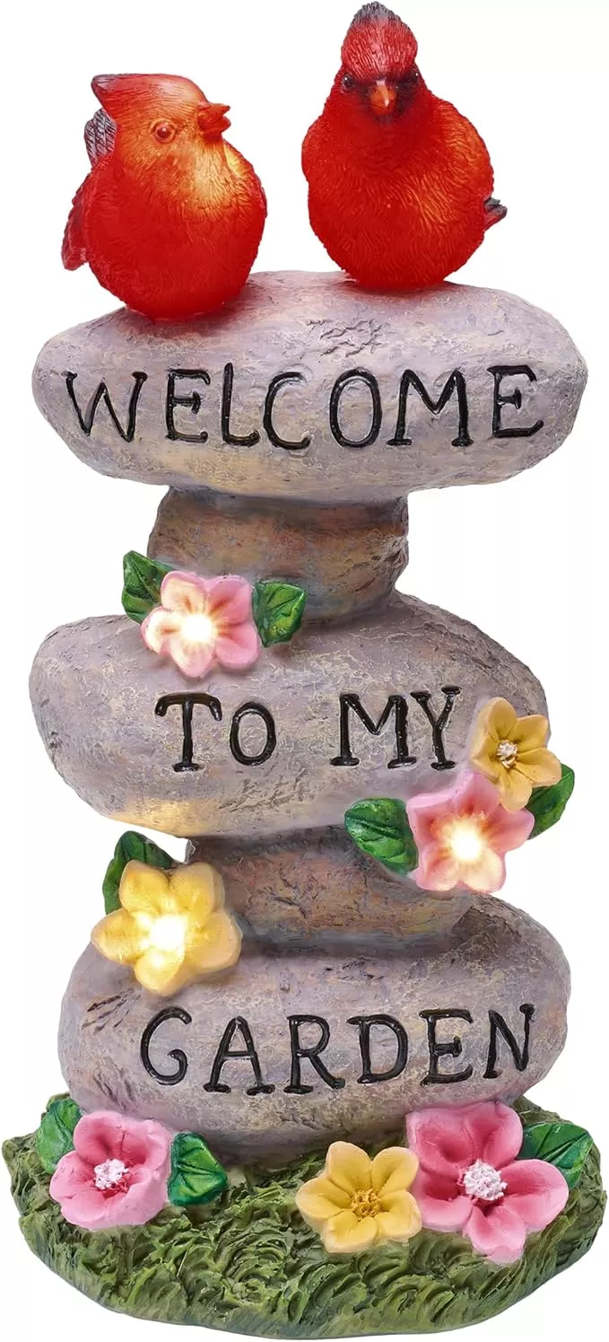 teresa-s-collections-garden-statues-with-outdoor-solar-lights-garden-decor-cardi TERESA'S COLLECTIONS Garden Statues with Outdoor Solar Lights for Garden Decor, Cardinal Birds Welcome Yard Sign Rocks & Flower Resin Valentines Decorations, Gifts for Mom Yard Decor, 11"