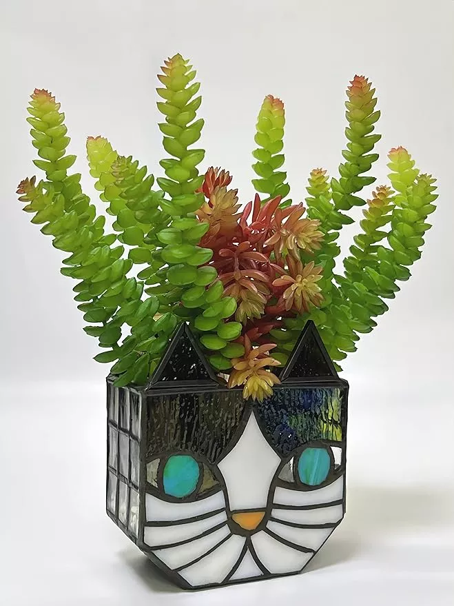 tiffany-cute-cat-stained-glass-flower-pots-indoor-outdoor-plant-displays-cat-pla Tiffany Cute Cat Stained Glass Flower Pots,Indoor and Outdoor Plant Displays,Cat Plant Planter,Candle Holder Container Decoration 4.6 x 5.15 x 2.3 inch(11.7 x 13.1 x 5.8 CM)(Without Succulents)Black