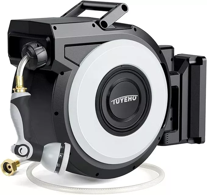 tuyeho-retractable-garden-hose-reel-100ft-wall-mount-heavy-duty-water-hose-reels Tuyeho Retractable Garden Hose Reel 100FT, Wall Mount Heavy Duty Water Hose Reels with Automatic Slow Rewind System, Outdoor Hoses Reel with 2 Hose Nozzles for Garden Watering, Car Wash, Pet Shower