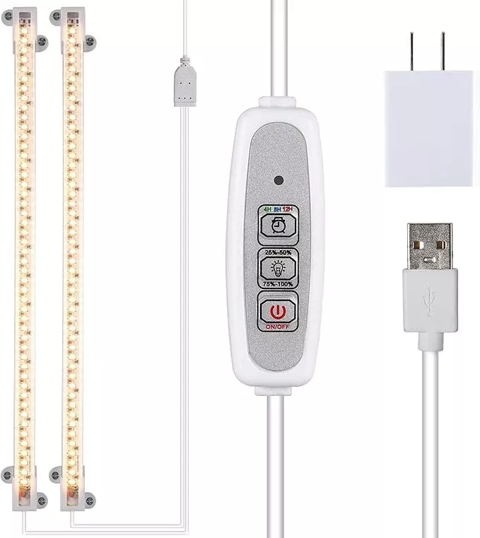 Two Heads Strip Growing Lamp, Full Spectrum Grow Light Strips for Indoor Plants with Auto ON/Off Timer & 4 Dimmable Levels, Led Grow Light for Green House Hydroponics Succulent