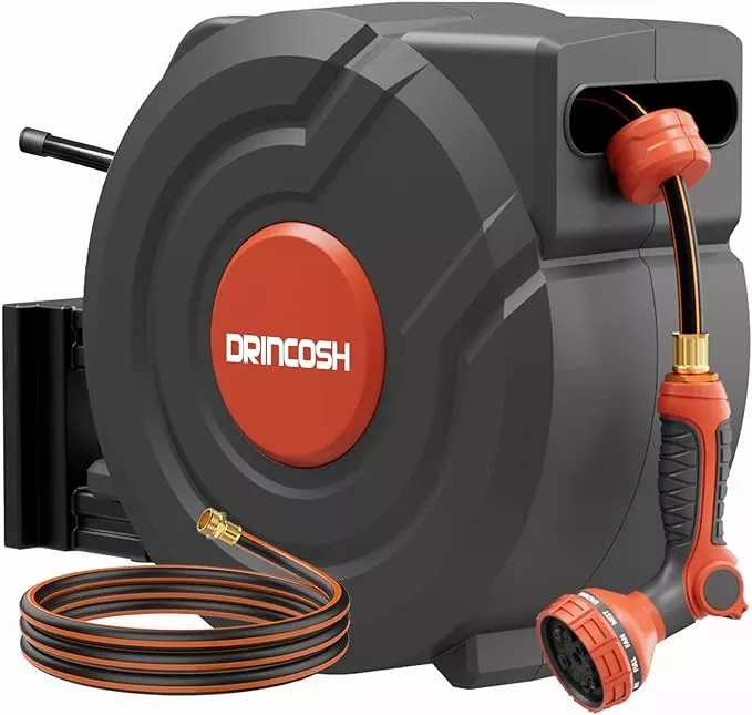 upgraded-retractable-garden-hose-5-8-in-x-115-ft-heavy-duty-wall-mounted-hose-re Upgraded Retractable Garden Hose 5/8 in x 115 ft Heavy Duty Wall-Mounted Hose Reel 180°Swivel Automatic Slow Return Any Length Lock 9 Pattern Nozzle UV Resistant (Black)