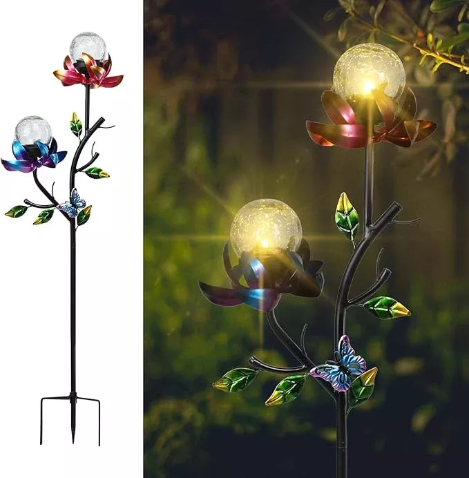vcuteka-solar-garden-light-solar-flowers-light-with-led-crackle-glass-globe-sola VCUTEKA Solar Garden Light Solar Flowers Light with LED Crackle Glass Globe Solar Lights Outdoor Metal Garden Stake Wind Spinner for Garden Decoration, Patio Decor, Yard Decor and Gift for Mother
