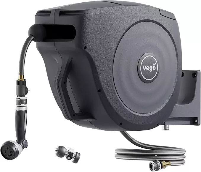 vego-garden-hose-reel-retractable-hi-flow-x-100ft-wall-mounted-hose-reel-automat Vego Garden Hose Reel Retractable Hi-Flow x 100ft Wall Mounted Hose Reel Automatic Rewind, Any Length Lock with 9 Patterns Sprayer Nozzle, Quick Connector and Adjustable shot Nozzle-Seaweed Green