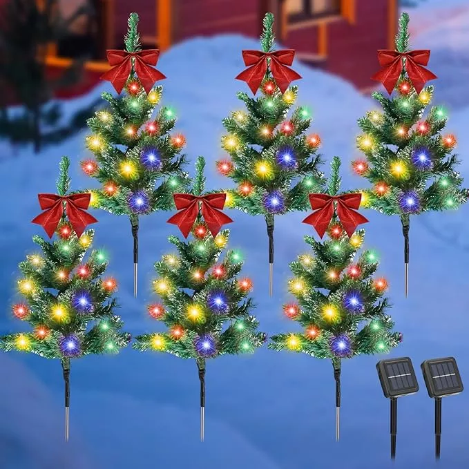 vihose-8-pcs-solar-christmas-trees-garden-stake-lights-outdoor-xmas-pathway-ligh VIHOSE 8 Pcs Solar Christmas Trees Garden Stake Lights Outdoor Xmas Pathway Lights with Decorative Bows Solar Powered Pre-lit Christmas Tree Decor for Outdoor Winter Garden Patio