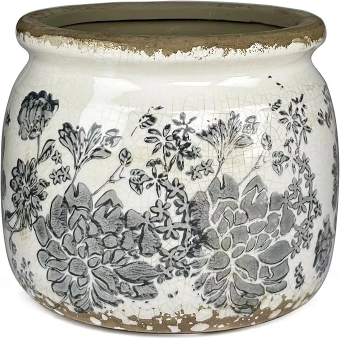 vintage-grey-ceramic-ice-crack-flower-pot-with-drainage-holes-country-rustic-pla Vintage Grey Ceramic Ice Crack Flower Pot with Drainage Holes, Country Rustic Planters for Indoor and Outdoor,Tuscan Decor,Home,Living Room, Garden Decor, Gardening Gift