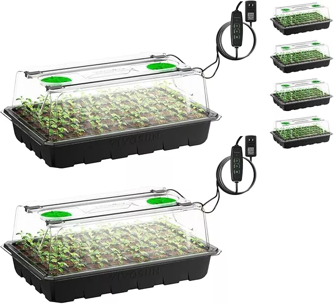 vivosun-6-pack-seed-starter-trays-240-cell-seed-starter-kit-with-2-set-led-light VIVOSUN 6-Pack Seed Starter Trays, 240-Cell Seed Starter Kit with 2 Set of LED Lights, 3.6" Higher Cover, Adjustable Vents, Drainage Holes, Green Propagation Tray for Planting Seed, 40 Cells x 6 Packs