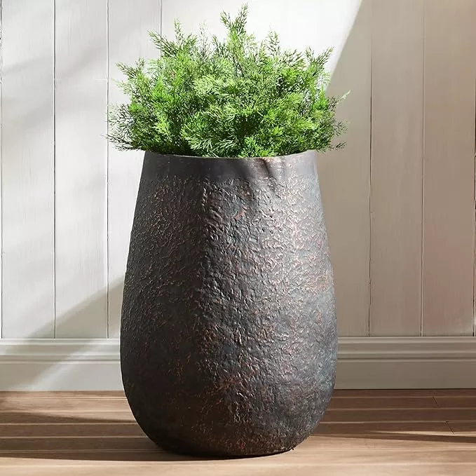 weathered-concrete-19-7-inch-tall-planter-large-decorative-flower-pot-with-drain Weathered Concrete 19.7 Inch Tall Planter, Large Decorative Flower Pot with Drainage Hole, Round Plant Container for Home, Garden, Patio, Courtyard, A Dusting of Bronze Rust with Green Tone, 1 Pack