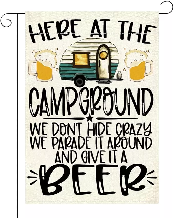 welcome-summer-garden-flag-here-at-campground-we-don-t-hide-crazy-we-parade-it-a Welcome summer Garden Flag Here At The Campground We Don'T Hide Crazy We Parade It Around And Give It A Beer Small Double Sided Burlap art Stained Glass Style Garden Flags 12 x 18 Inch for Outside