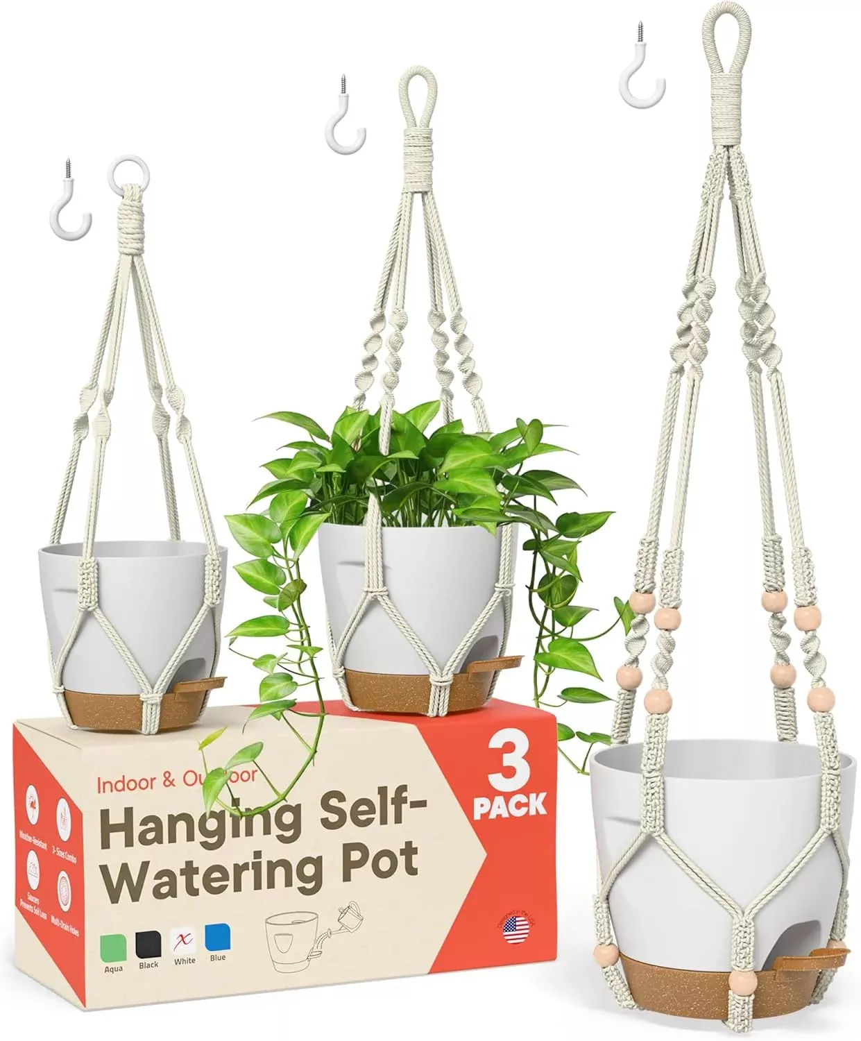 white-hanging-self-watering-pots-with-macrame-ivory-rope-3-pack-indoor-outdoor-h White Hanging Self Watering Pots with Macrame Ivory Rope, 3 Pack Indoor & Outdoor Hanging Plant Pots with Built-in Reservoir, Wick Rope, Drainage Holes & Hooks, Stylish Boho Decor Hanging Planter