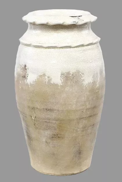 white-tan-crackle-glazed-round-vase-with-waffle-trim White and Tan Crackle Glazed Round Vase with Waffle Trim