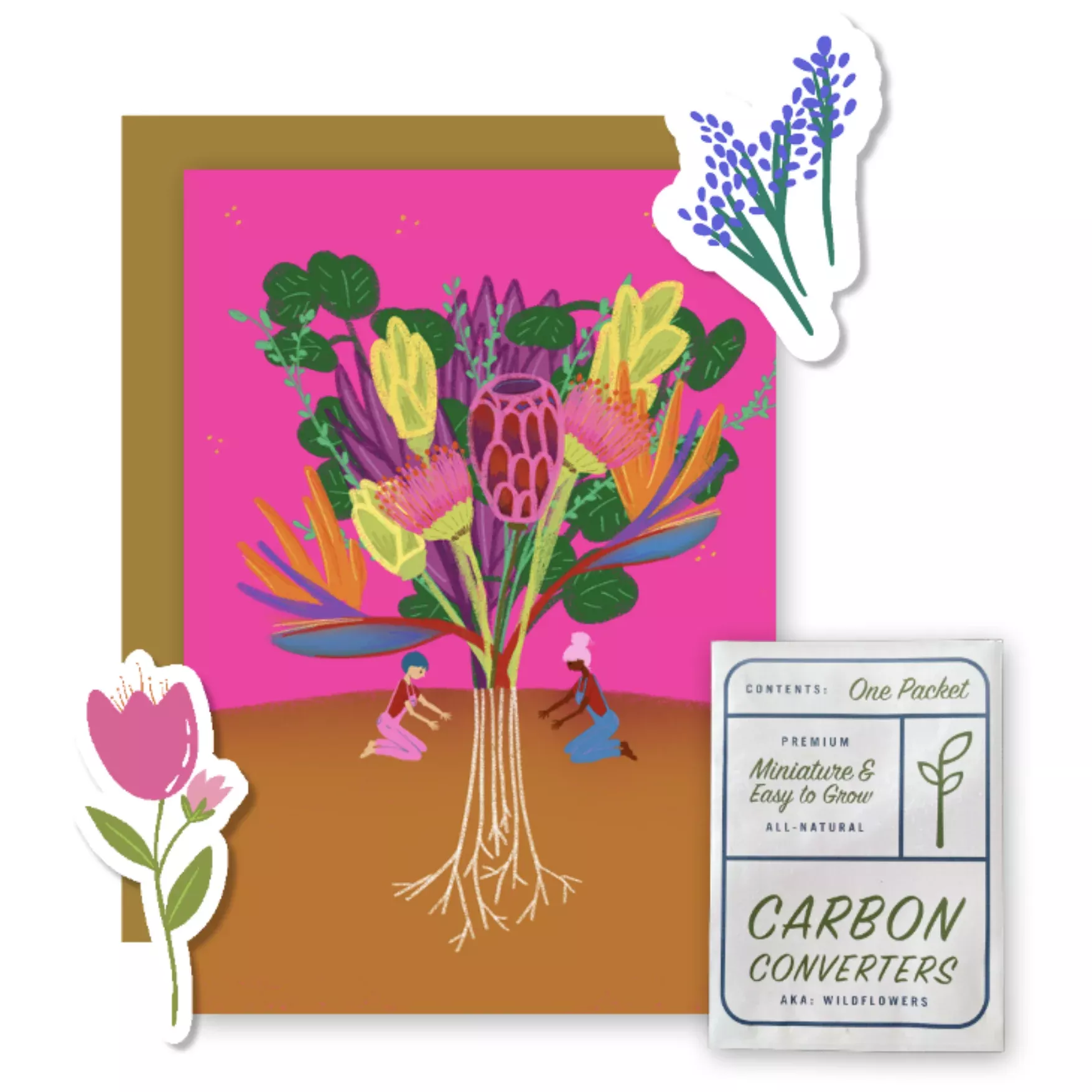 wildflower-bouquet-garden-greetings-kit-w-seeds-infosheet-hand-drawn-tropical-ga "Wildflower Bouquet" Garden Greetings Kit w. Seeds, Infosheet + Hand-drawn "Tropical Gardeners" Eco Greeting Card (Celebrate Pollinators)