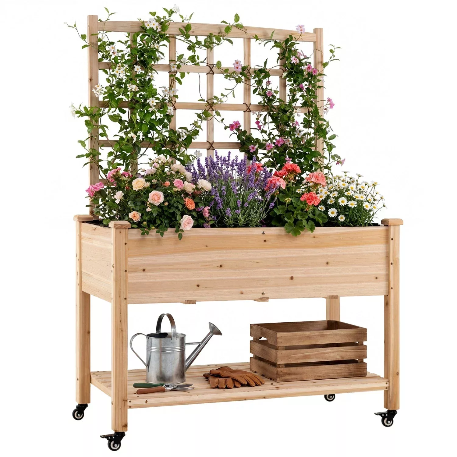 wooden-mobile-raised-garden-bed-on-wheels-with-trellis Wooden Mobile Raised Garden Bed on Wheels with Trellis