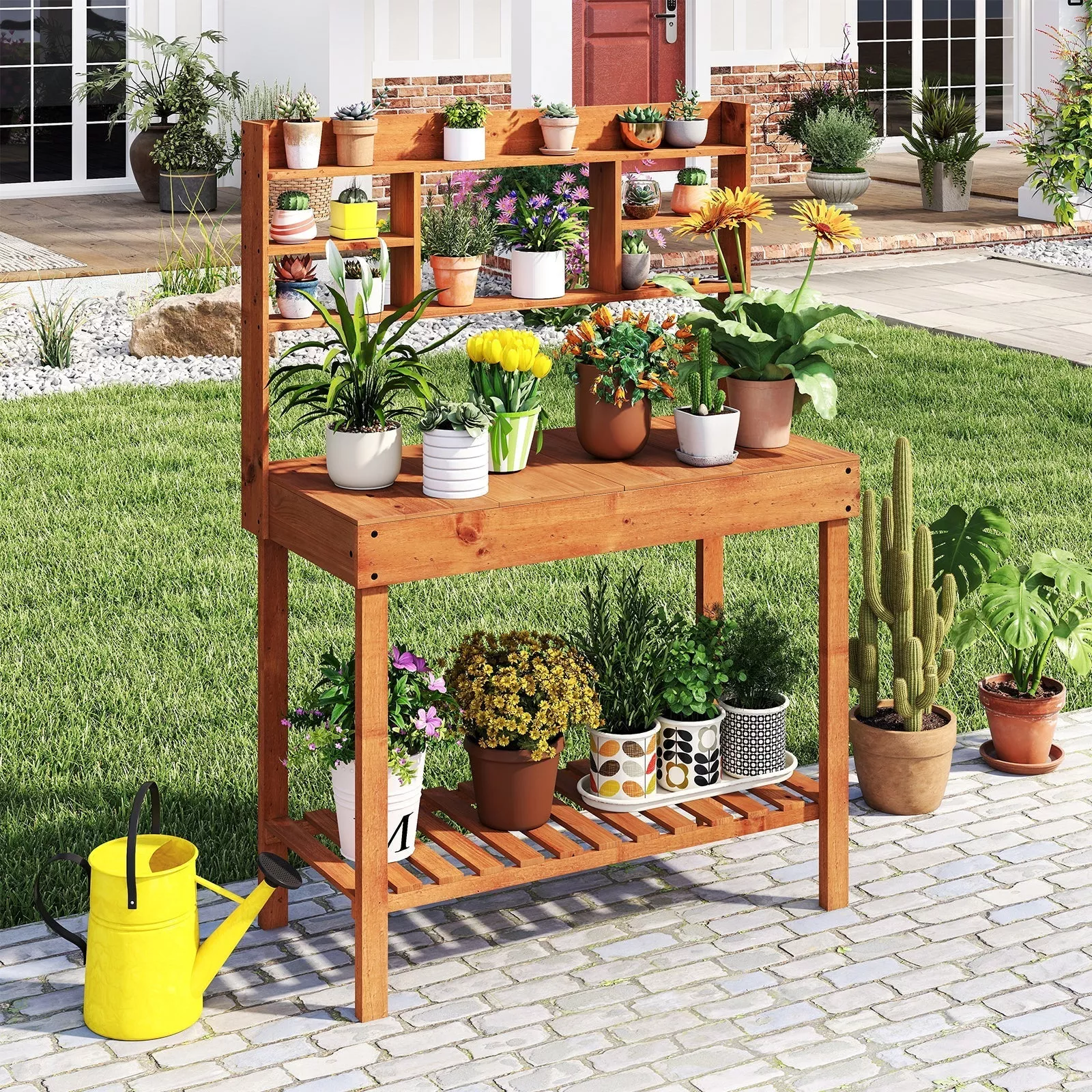 wooden-potting-bench-table-61-garden-planting-workstation-with-3-tier-open-shelf Wooden Potting Bench Table 61" Garden Planting Workstation with 3-Tier Open Shelf-Brown