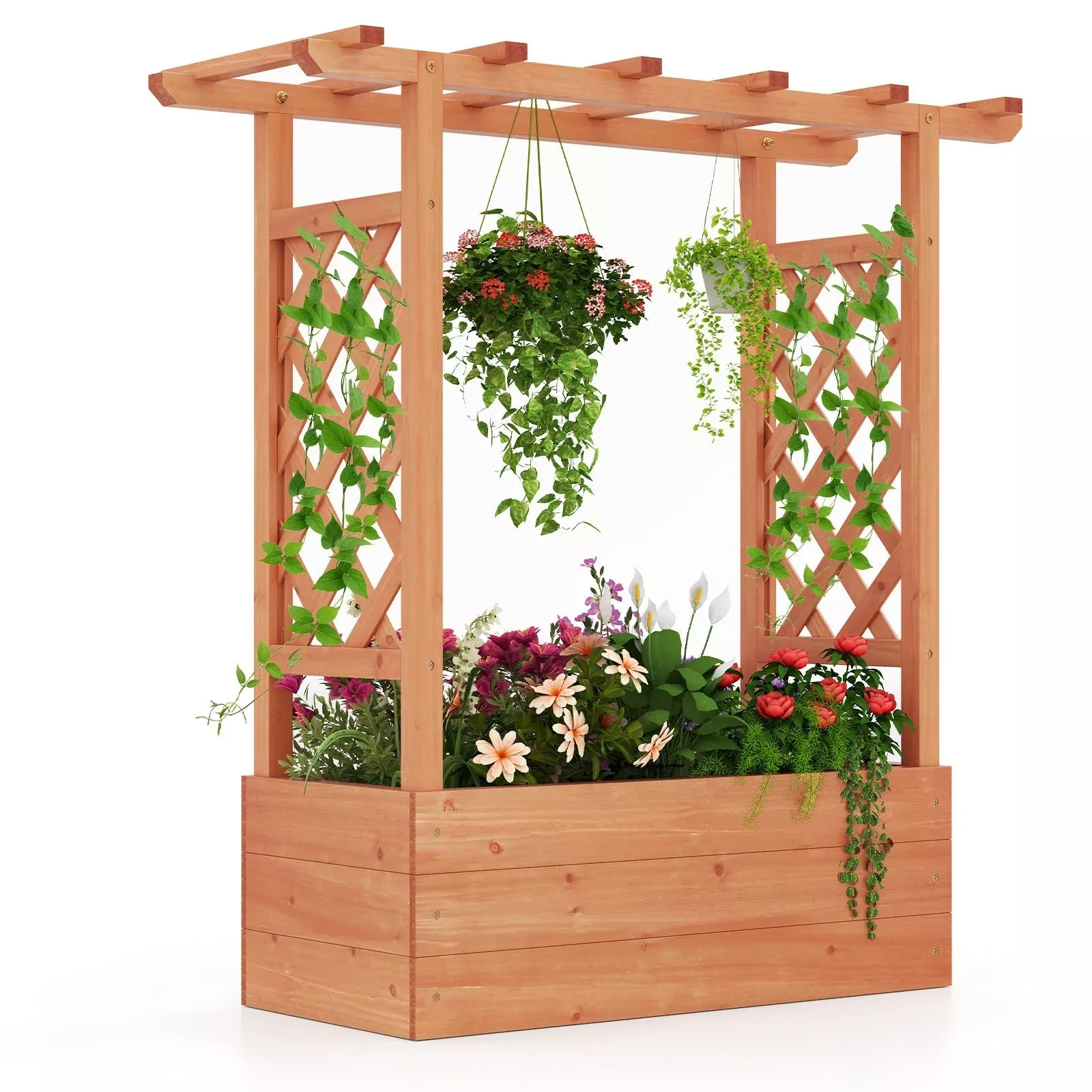 wooden-raised-garden-bed-elevated-planter-box-with-trellis-hanging-roof Wooden Raised Garden Bed Elevated Planter Box with Trellis and Hanging Roof